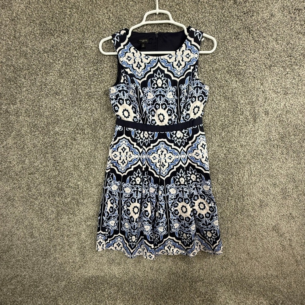 Talbots Petites Blue White Medallion Print Sleeveless Fit Flare Dress 4P